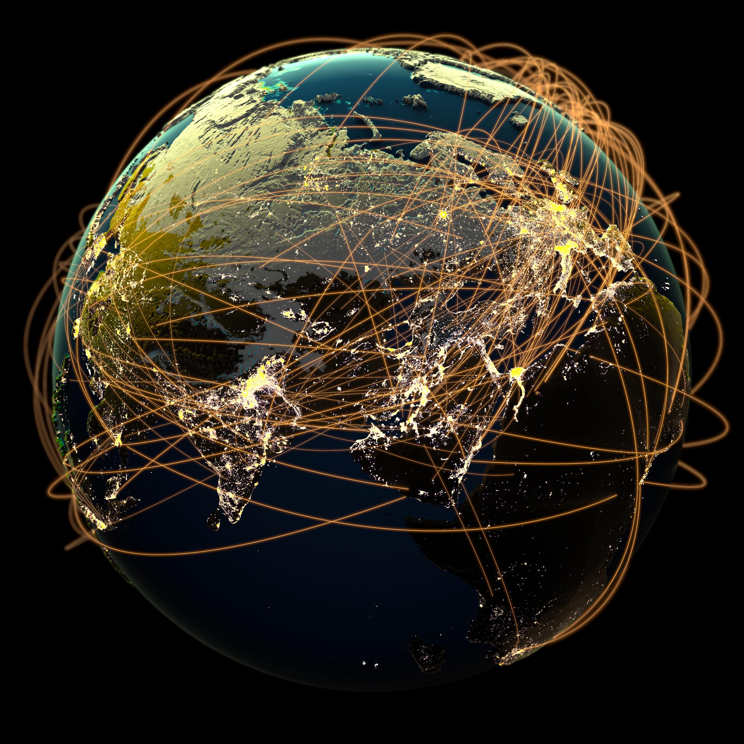 显示全球通信概念线的地球图像